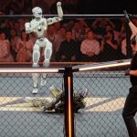 Combat robot performs funny victory dance after knocking rival to the floor